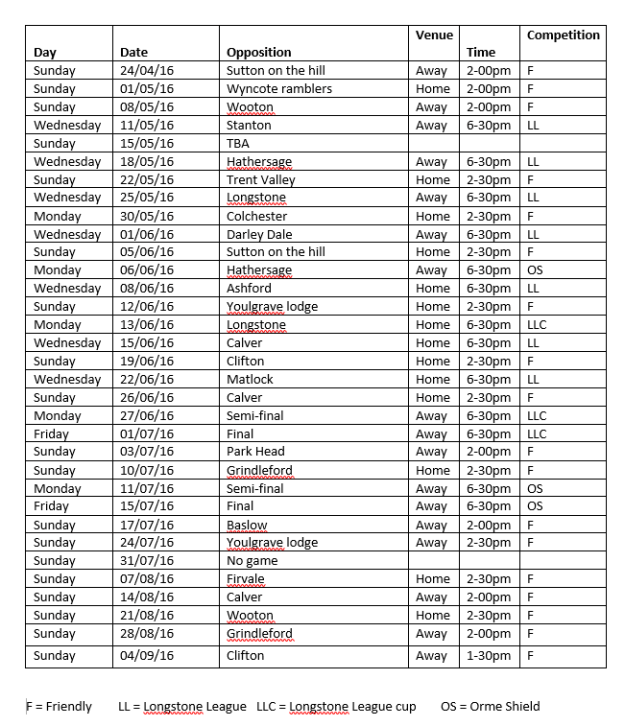 Elton Cricket Club - 2016 Fixtures