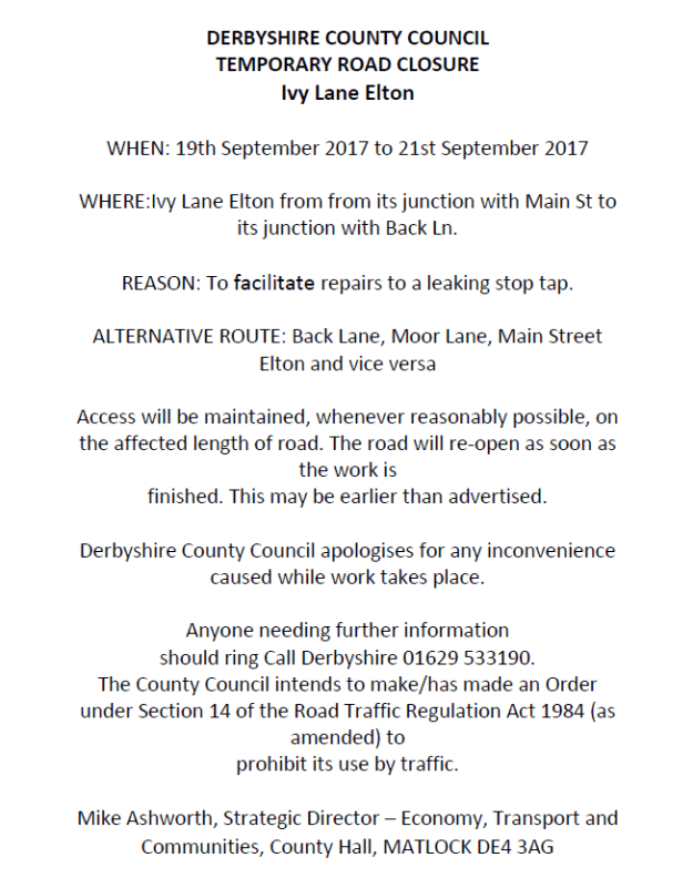 Road Closure Notice - Ivy Lane, Elton (19 September 2017)