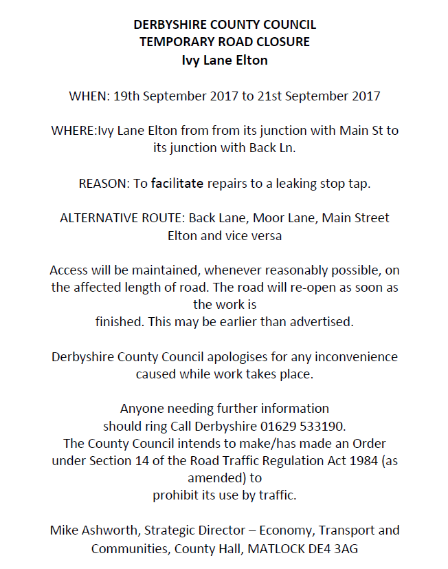 Road Closure Notice - Ivy Lane, Elton (19 September 2017)