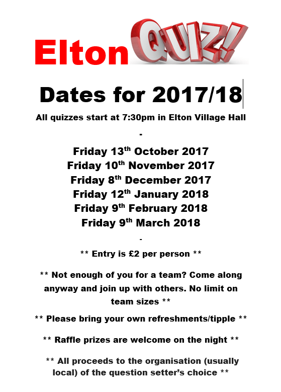 Elton Quiz Dates - 2017 to 2018