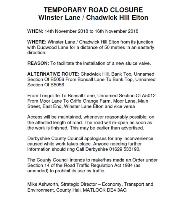 Road Closure Notcie - Chadwick Hill